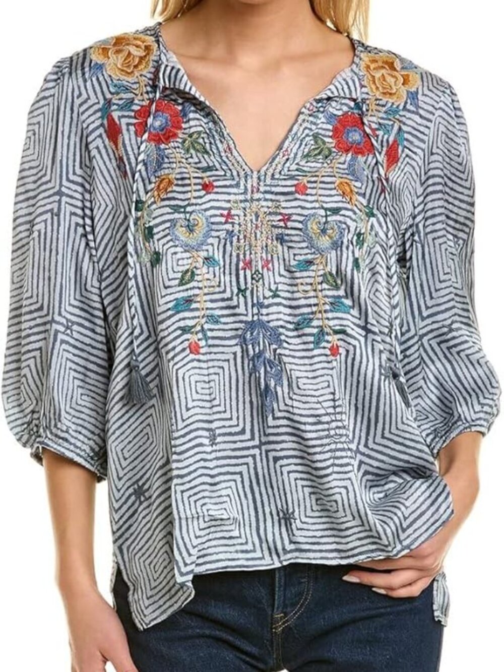 Johnny Was Taryn Tassel Blouse Boho Geometric Floral Embroidered Festival Medium